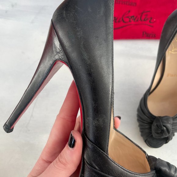 Christian Louboutin Lady Gres Platform Pumps Black Leather Peep Toe Ruched Knot - Picture 5 of 16